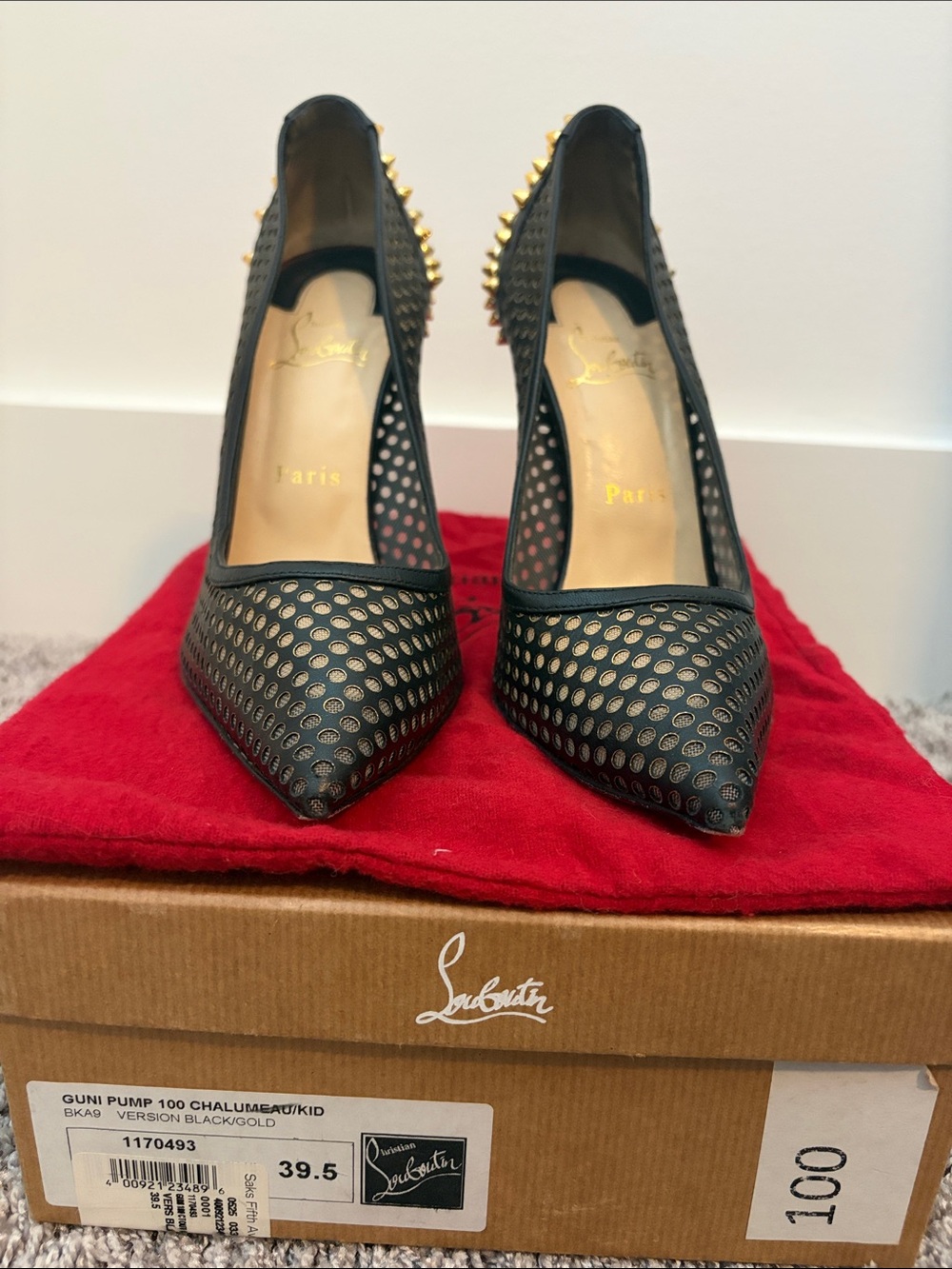 Christian Louboutin Black Pointed Perforated Pumps with Gold Spikes